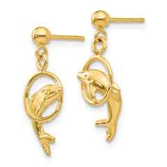 14K Gold Dolphin Dangle Earrings with Polished Finish for Women