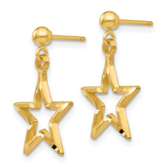 14K Gold Star Dangle Earrings with Polished Diamond-Cut Finish