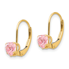 14K Gold Leverback Earrings with Pink Heart CZ, Polished Finish