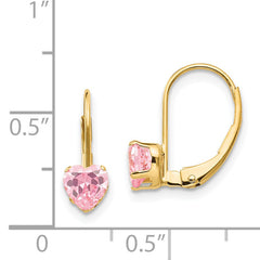 14K Gold Leverback Earrings with Pink Heart CZ, Polished Finish