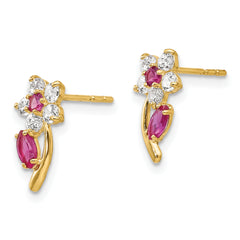 14K Gold CZ Flower Earrings with Clear & Red Stones, Polished Finish