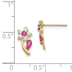14K Gold CZ Flower Earrings with Clear & Red Stones, Polished Finish
