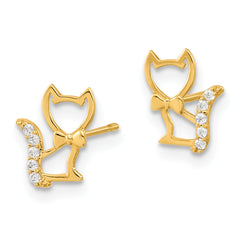 14K Gold Children's Kitten Earrings with CZ Tail and Polished Finish