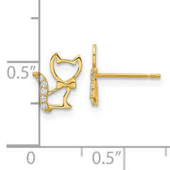 14K Gold Children's Kitten Earrings with CZ Tail and Polished Finish