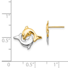 14K Gold Polished Dolphin Earrings with Rhodium Accent for Women