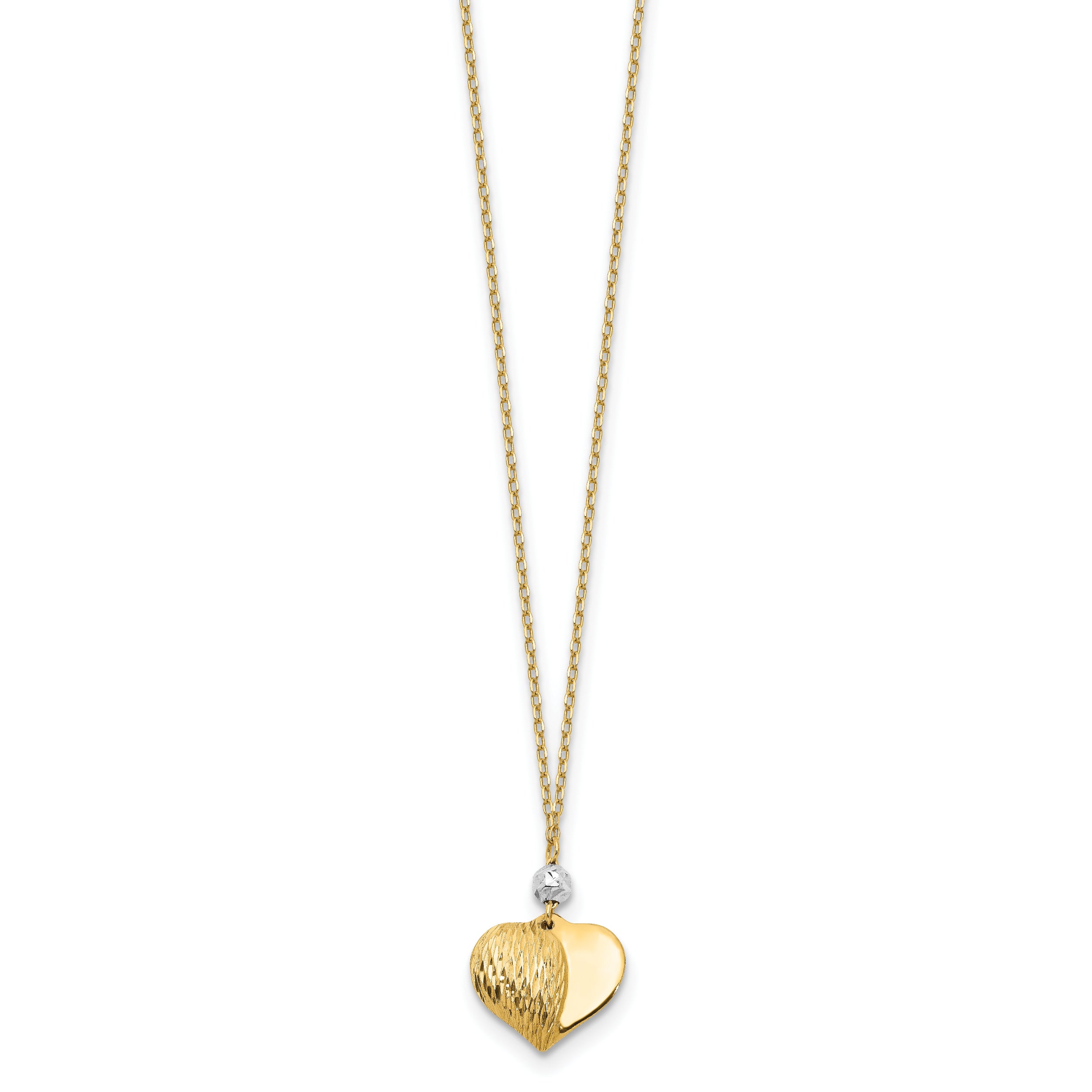 14K Two Tone Polished & D/C Puffed Heart 18 inch Necklace