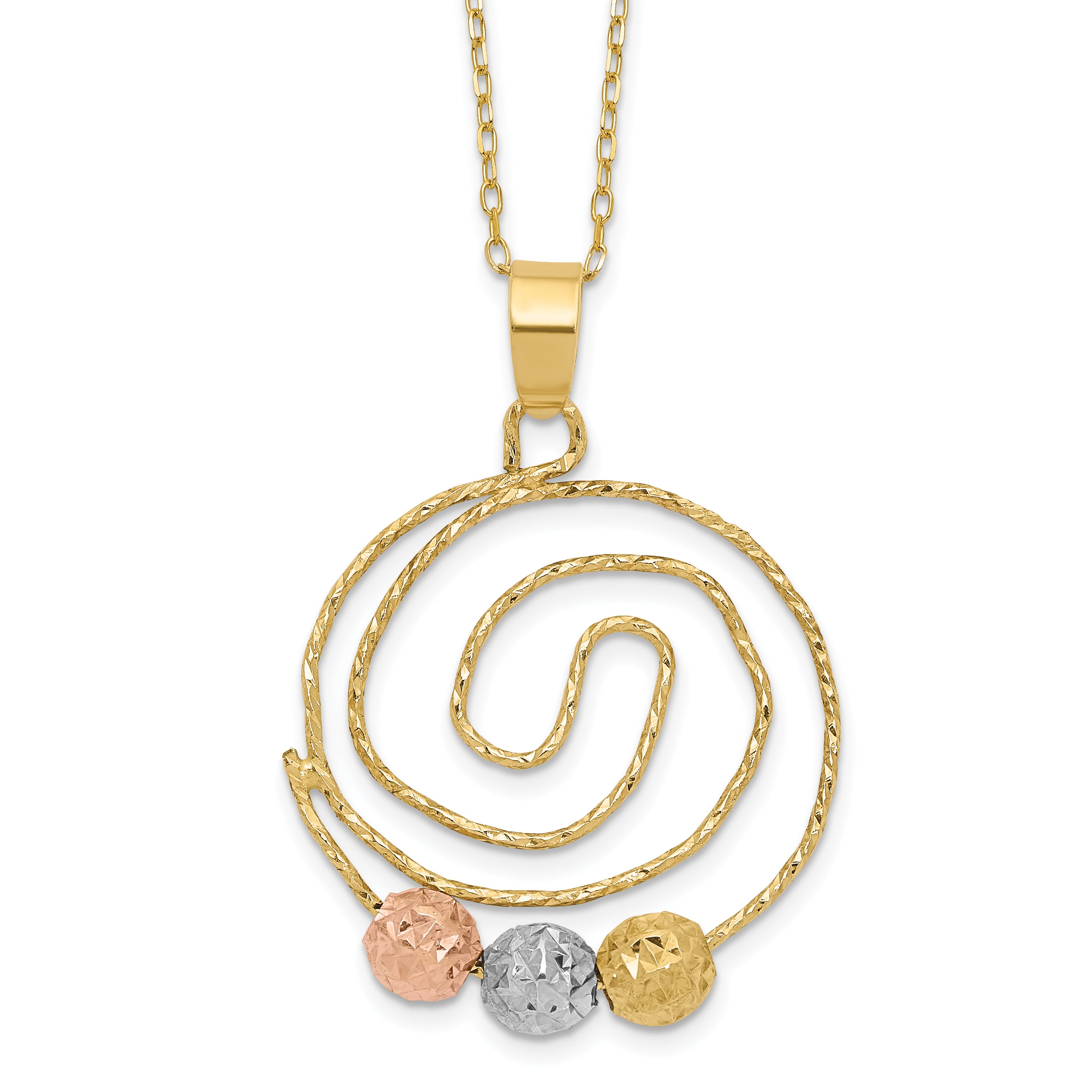 14k Tri-color D/C Beads on Spiral Pendant Necklace