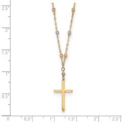 14K Tri-Color Gold Unisex Cross Necklace with Diamond-Cut Beaded Polished Finish