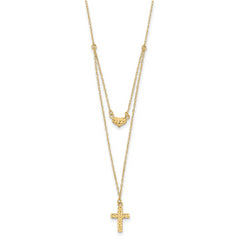 14K Gold Polished Cross & Heart Necklace with Extender Elegant Women's Jewelry