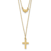 14k Polished 2-Strand D/C Cross & Heart w/2in. Ext. Necklace