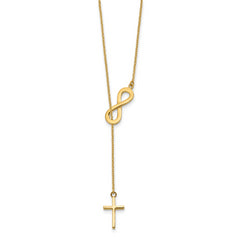 14K Gold Polished Infinity & Cross Lariat Necklace with Elegant Charm