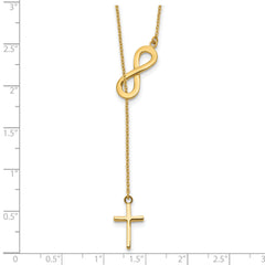 14K Gold Polished Infinity & Cross Lariat Necklace with Elegant Charm