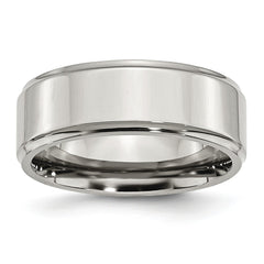 Stainless Steel 8mm Ridged Edge Polished Wedding Band Engravable