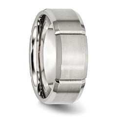 StainleSterling Silver Steel Brushed and Polished Grooved 8mm Beveled Edge Band
