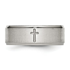 StainleSterling Silver Steel Brushed and Polished CroSterling Silver 8mm Ridged Edge Band