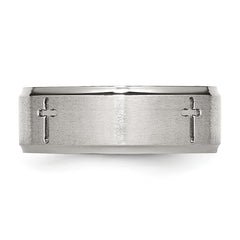 StainleSterling Silver Steel Brushed and Polished CroSterling Silver 8mm Ridged Edge Band