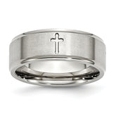 Stainless Steel Brushed and Polished Cross 8mm Ridged Edge Band