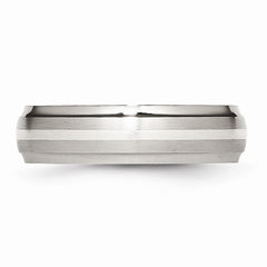 Stainless Steel Wedding Band with Sterling Silver Inlay and Ridged Edge