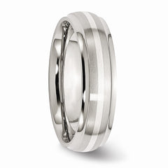 Stainless Steel Wedding Band with Sterling Silver Inlay and Ridged Edge