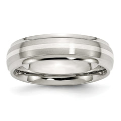 Stainless Steel Wedding Band with Sterling Silver Inlay and Ridged Edge