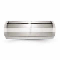 Stainless Steel Silver Inlay Wedding Band with Ridged Edge Engravable