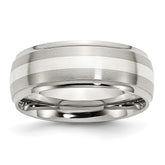Stainless Steel Silver Inlay Wedding Band with Ridged Edge Engravable