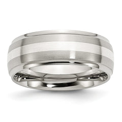 Stainless Steel Silver Inlay Wedding Band with Ridged Edge Engravable