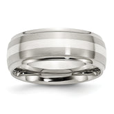 Stainless Steel Sterling Silver Inlay Brushed and Polished 8mm Ridged Edge Band