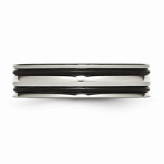 Stainless Steel and Black Rubber Wedding Band with Grooved Polished Finish