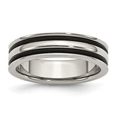 Stainless Steel and Black Rubber Wedding Band with Grooved Polished Finish