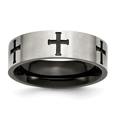 Stainless Steel Wedding Band with Black Crosses Polished Engravable Finish