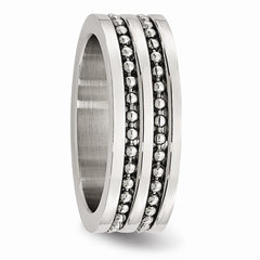 Stainless Steel 8mm Double Row Engravable Wedding Band with Beaded Brushed Finish