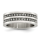 Stainless Steel 8mm Double Row Engravable Wedding Band with Beaded Brushed Finish