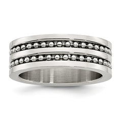 Stainless Steel 8mm Double Row Engravable Wedding Band with Beaded Brushed Finish