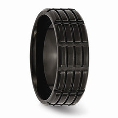 Stainless Steel Wedding Band with Black Grooved Design Engravable Bracelet