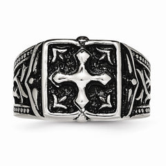 Stainless Steel Themed Cross Ring with Polished Antiqued Finish