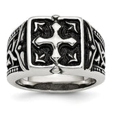 Stainless Steel Themed Cross Ring with Polished Antiqued Finish