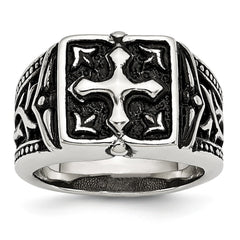 Stainless Steel Themed Cross Ring with Polished Antiqued Finish