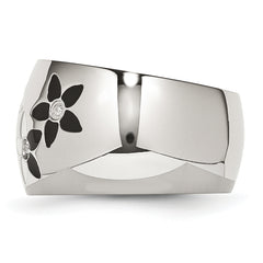 StainleSterling Silver Steel Black & White Enamel Flowers WithCZ Ring