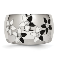 StainleSterling Silver Steel Black & White Enamel Flowers WithCZ Ring