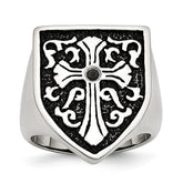 Stainless Steel Men's Ring with Black Diamond Shield Design - 9 - 9