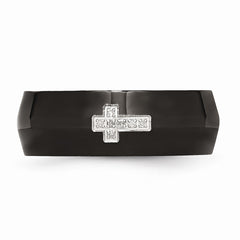 Stainless Steel Diamond Cross Ring with Black IP Plating, Engravable, Polished Finish