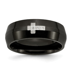 Stainless Steel Diamond Cross Ring with Black IP Plating, Engravable, Polished Finish