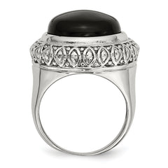 StainleSterling Silver Steel Black GlaSterling Silver WithTextured Edge Ring