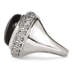 StainleSterling Silver Steel Black GlaSterling Silver WithTextured Edge Ring