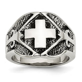 Stainless Steel Cross Ring with Polished Antiqued Finish Unisex Themed