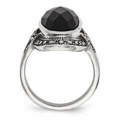 Sophia Jewelers Stainless Steel Black Glass Antiqued Fashion Ring