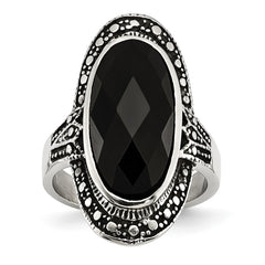 Sophia Jewelers Stainless Steel Black Glass Antiqued Fashion Ring