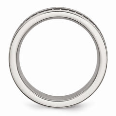 Stainless Steel Polished Ring with Black Ceramic Accent and Engravable Sawtooth Design