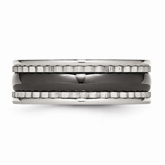 Stainless Steel Polished Ring with Black Ceramic Accent and Engravable Sawtooth Design